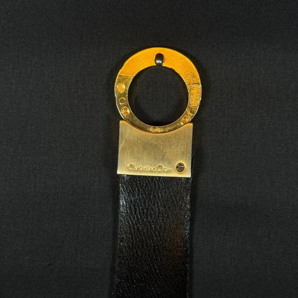 Christian Dior Black/Brown Leather Belt Gold Round Buckle Vintage 42 Inch Spain